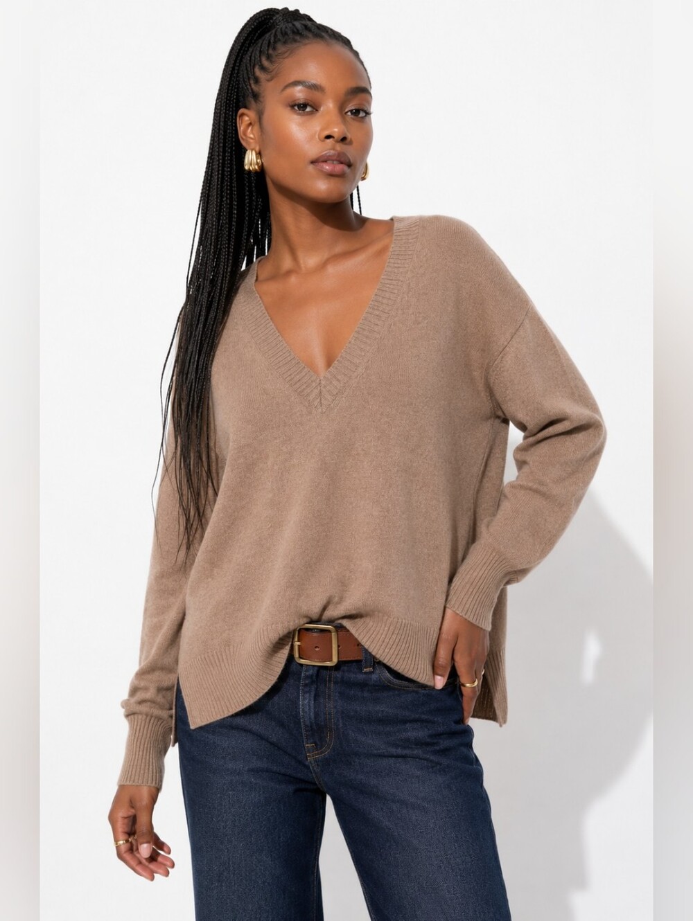 Naked Cashmere 100% Cashmere Oversized V-Neck Sweater Camel Size S
